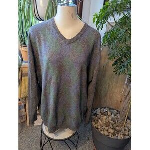 Men's Impermeable Platinum Grey 2 ply cashmere Vneck  argyle front sweater sz XL